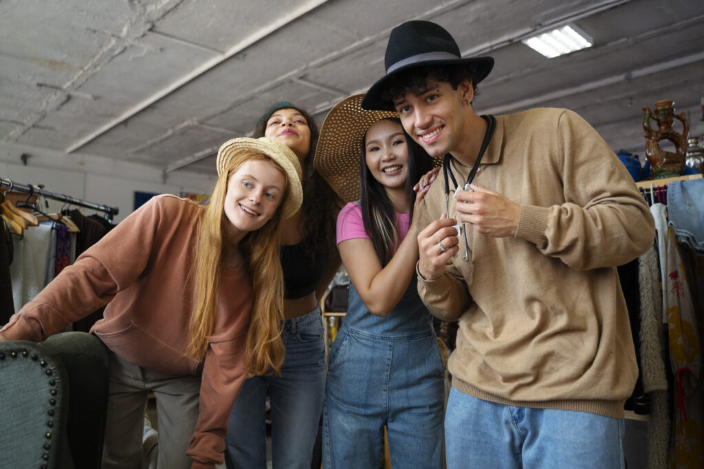 Amigos experimentando roupas e trocando opiniões com estilo livre.