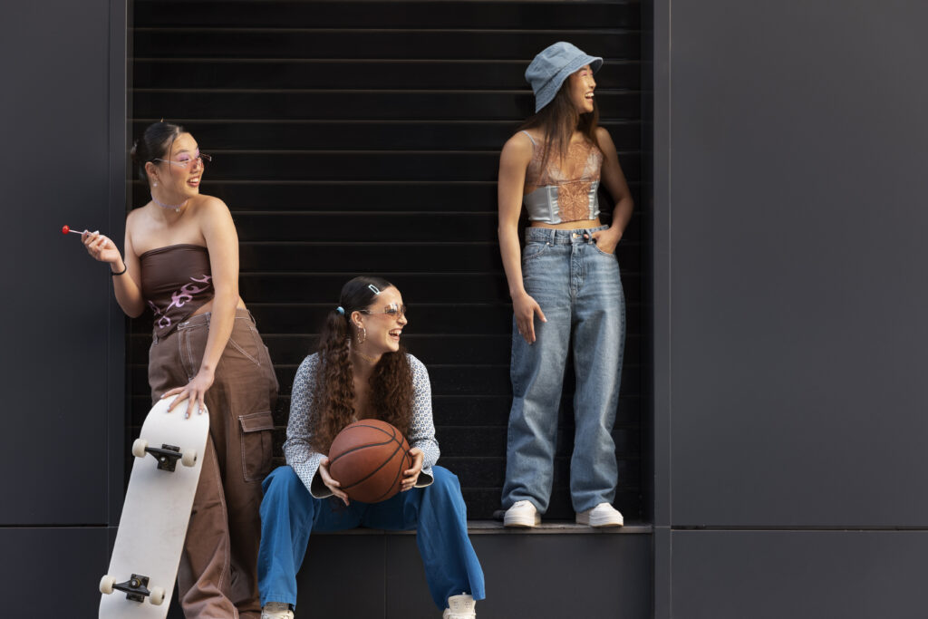 Amigas usando o visual Y2K / anos 2000.