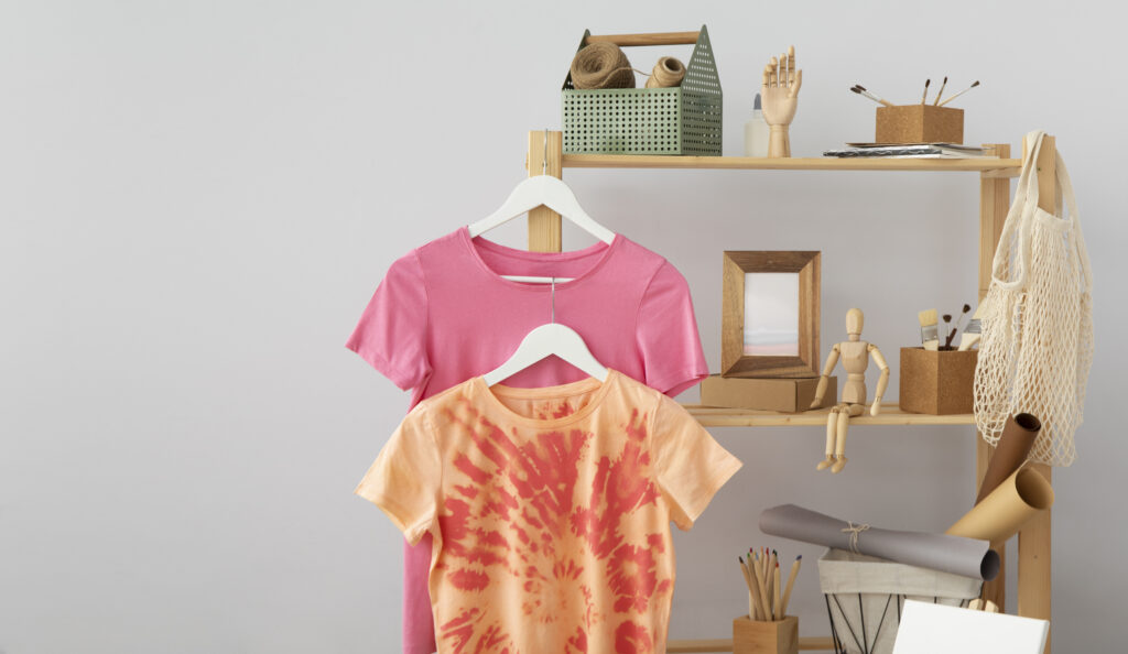 Camisas a venda em um brechó, antes e depois da customização