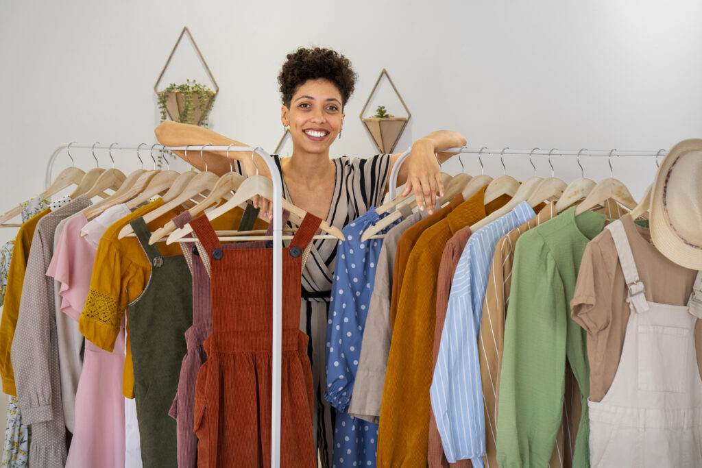 Dona de brechó sorrindo atrás do balcão, cercada por araras de roupas organizadas e decoração afetiva.